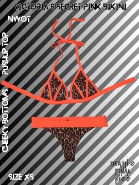 RARE Victoria's Secret PINK Hunter Orange Leopard Cheeky Tiny Pushup Bikini XS